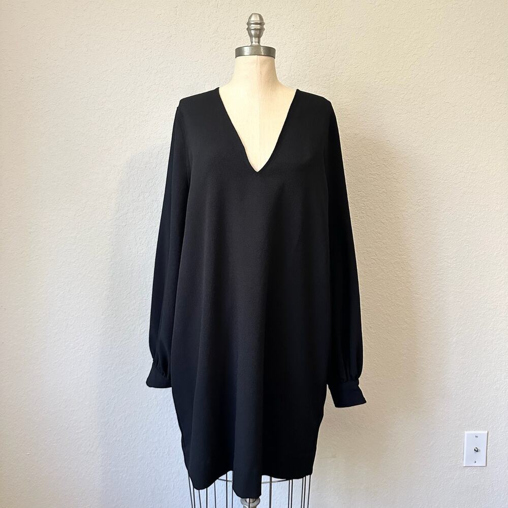 GANNI Mini Dress Large Black Stretch V-Neck Long Sleeve Crepe Shift